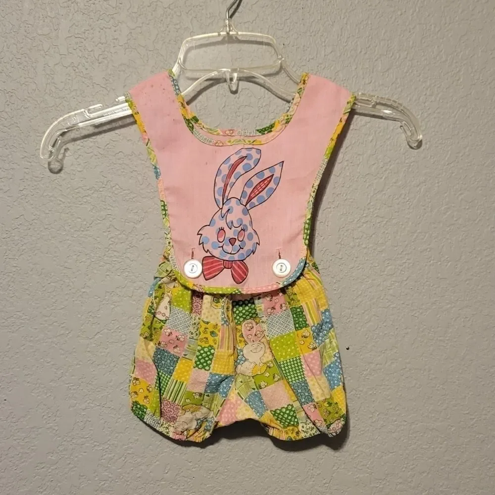 Vintage 70s Easter or Summer Romper with Bunny Rabbit Plaid Quirky OOAK